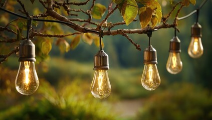 String lights hanging from tree branch, warm glow