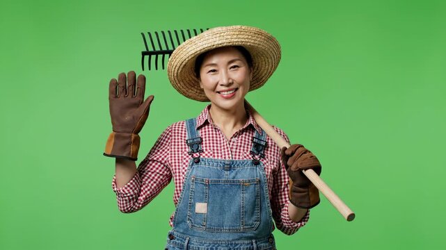 Woman gardener waving holding rake on green screen