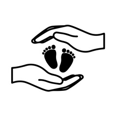 Tender black and white icon featuring adult hands gently cupping a newborn baby's tiny feet. A universal symbol of care, new life, and the essential role of the midwife