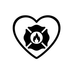 Meaningful black and white icon: a heart enclosing a flame or the Maltese cross. This powerful symbol represents the deep courage, passion, and sacrificial love embodied by firefighters