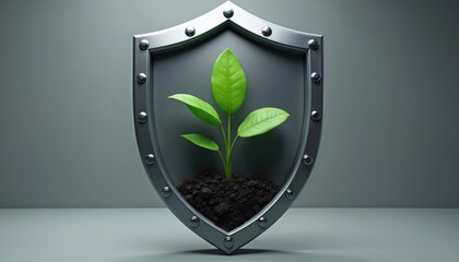 A metallic shield protects a small green plant growing in soil. This symbolizes safety, resilience, and sustainable growth in business or nature.