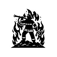 Dynamic black and white silhouette of a brave firefighter in action, holding a hose and an axe with a background of smoke and fire. A powerful vector icon symbolizing courage, rescue