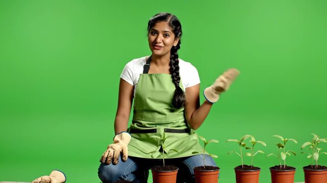 Woman gardening plants on green screen background