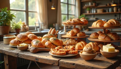 Variety of baked goods on display. Assortment includes croissants bread rolls pastries buns and scones. Wooden table with butter is in a cafe. Fresh bakery for breakfast or brunch.