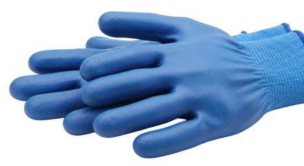 Hands in blue coated gloves, clasped together, knit cuffs, black background