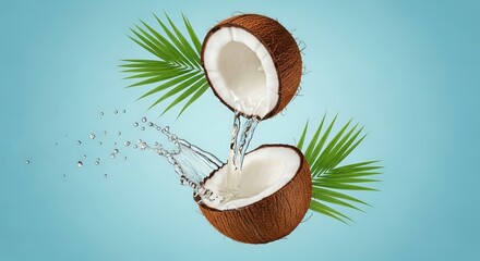 Invigorating coconut halves cascade clear liquid on a serene light blue backdrop with palm fronds.