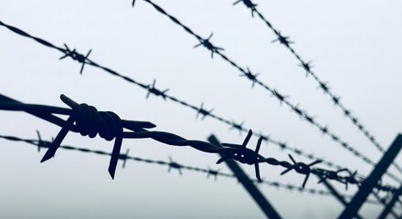Barbed wire stretches against a hazy background, creating a stark and ominous visual statement