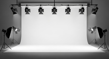 A professional photography studio setup with lighting and backdrop for portrait or product shoots.