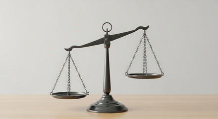 Symmetrical balance scale with hanging chain pans, on a table in a minimalist, neutral studio shot.