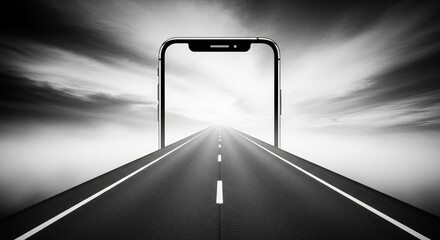 Monochrome image shows road leading through a smartphone screen into a cloudy sky in dramatic style.
