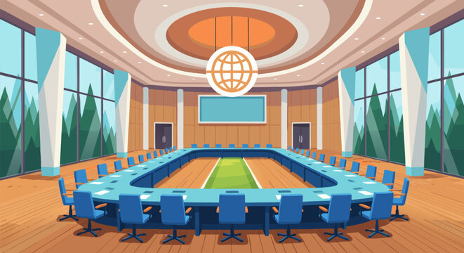 Spacious and modern conference room interior with a large table for diplomatic talks and business meetings.e