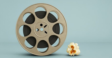 A vintage film reel sits next to a fluffy piece of popcorn against a soft blue background still life
