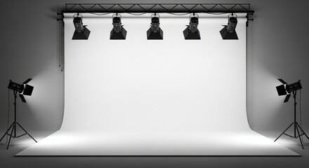A studio setup showcasing bright white backdrop illuminated by six spotlights, creating clean space.