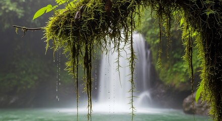 Lush green moss hangs delicately framing a serene waterfall in a vibrant, tropical landscape scene.