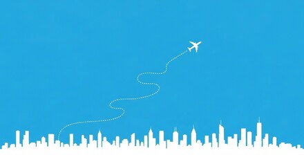 An airplane takes flight over a white city skyline against a bright blue sky background