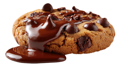Close-up of a freshly baked cookie with melted chocolate cascading over the surface