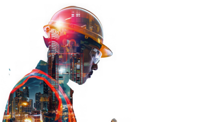 Double exposure of a construction worker with a hard hat and a city skyline at night isolated on transparent background