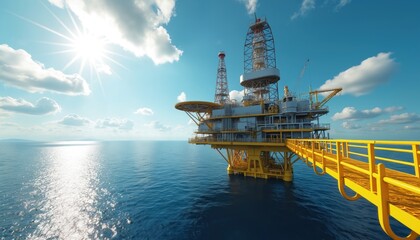 Obraz premium Offshore oil rig in deep blue ocean under bright sunny sky with clouds. Industrial platform complex for oil, gas extraction with walkways, cranes in deep sea. Complex structure for energy production