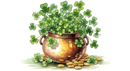Watercolor style illustration depicts a pot of gold overflowing with clovers on a white background.