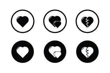 Heart icon set in circular outline and black circle. Love, couple, and broken heart symbol