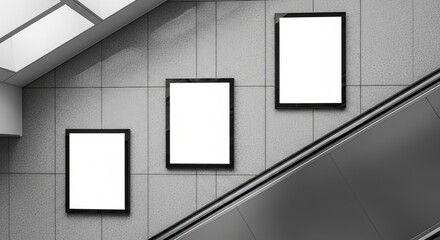 Three blank poster frames on a patterned wall next to a gray escalator create modern space.