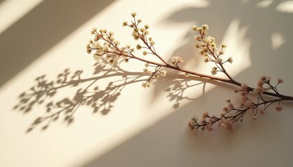 Botanical branch with delicate small flowers rests on plain light surface. Soft morning sunlight forms long abstract shadow pattern. Natural element brings serene peaceful minimalist aesthetic to