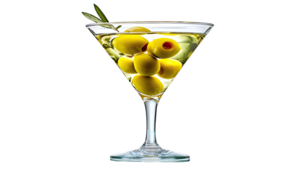 A crisp, chilled cocktail, clear, with olives, and sprig garnish, isolated on black