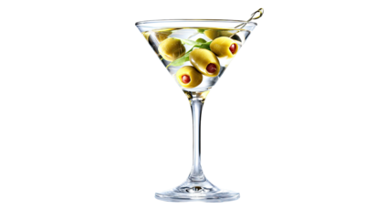 A classic cocktail in a stemmed glass, featuring olives on a pick. Black background