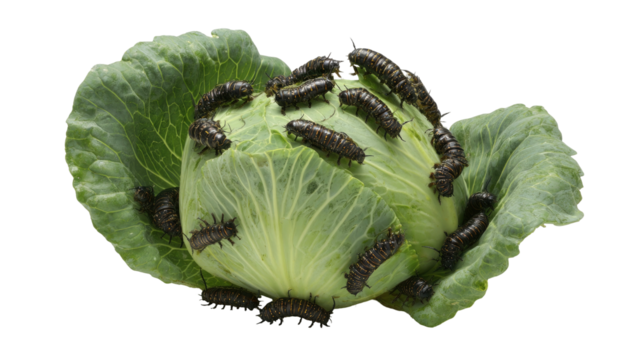A head of cabbage infested with numerous black, segmented larva, isolated on black