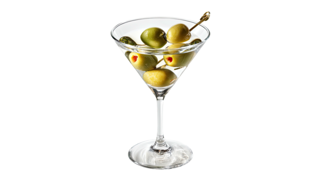 A classic cocktail in a stemmed glass with several green olives impaled on a small toothpick