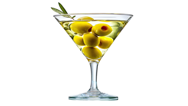 A crisp, chilled cocktail, clear, with olives, and sprig garnish, isolated on black