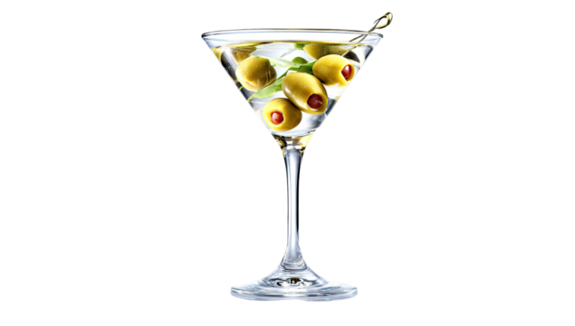 A classic cocktail in a stemmed glass, featuring olives on a pick. Black background