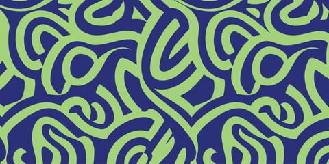 Dynamic abstract seamless background featuring bold green organic curves and squiggles on a deep blue canvas for modern design