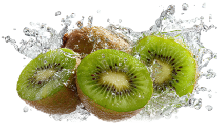 Sliced kiwi fruit with a splash of water against a transparent background, vibrant and fresh
