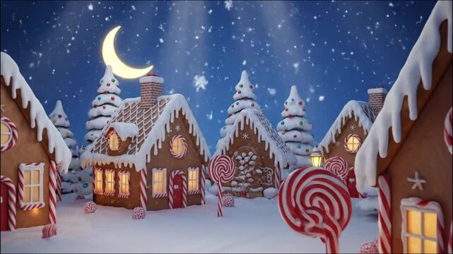 magical winter night in a whimsical gingerbread village. The scene opens under a glowing crescent moon