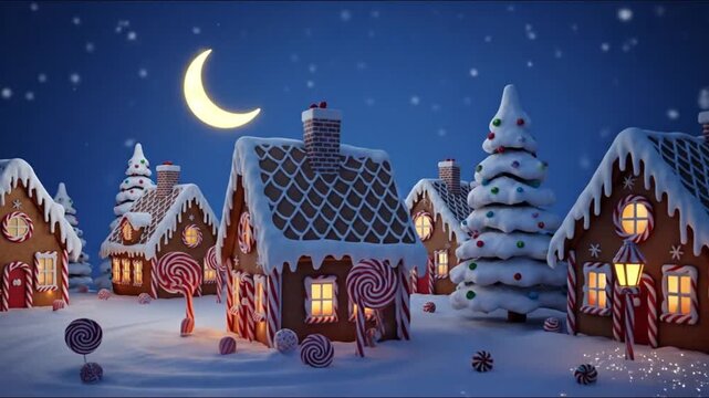 magical winter night in a whimsical gingerbread village. The scene opens under a glowing crescent moon