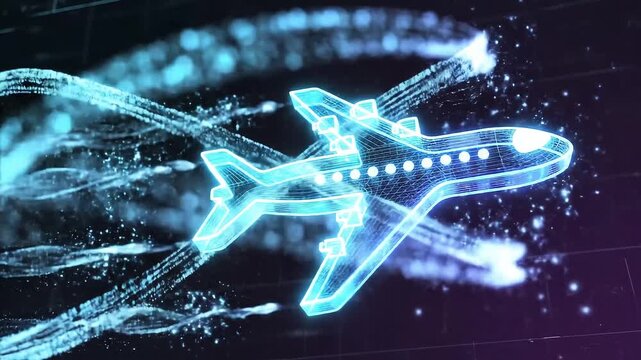 未来感あふれるホログラフィック飛行機の光の軌跡
