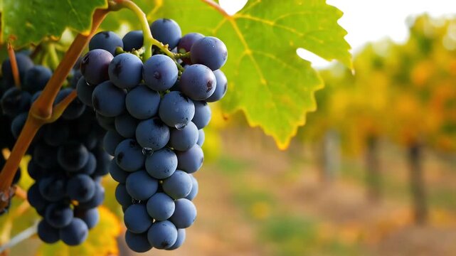 Ripe Purple Grapes Hanging on the Vine in a Sunny Vineyard.