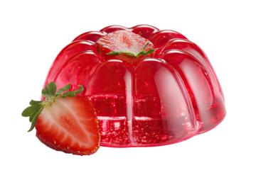 Vibrant close-up of a gelatinous dessert, topped and accented by fresh, red strawberries