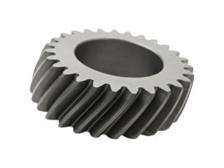 Helical gear with angled teeth, central hole, matte grey finish on black