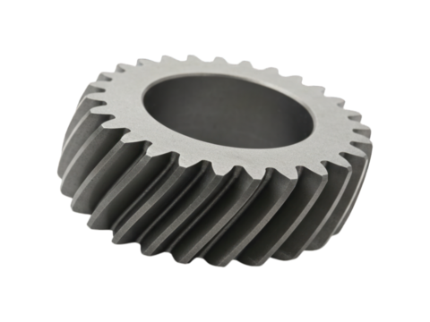 Helical gear with angled teeth, central hole, matte grey finish on black