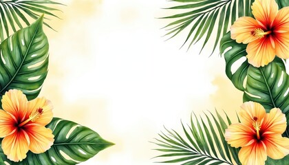 Watercolor tropical design with vibrant yellow hibiscus flowers, green monstera leaves, palm fronds. Rich floral border frames central copy space. Ideal for summer party invites island vacation