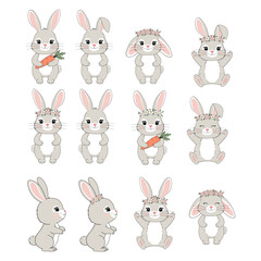 Set of bunny with flowers crown and carrot