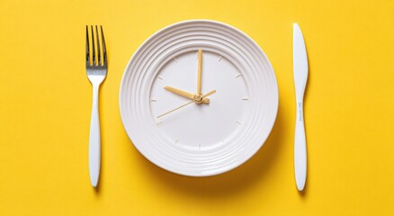 Conceptual image of a plate serving time, a creative interplay of dining utensils and clock. ..Created with Generative AI, not depicting real subjects.