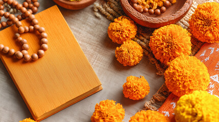 Bhagavad Gita with Marigold Flowers and Wooden Prayer Beads for Gita Jayanti Celebration