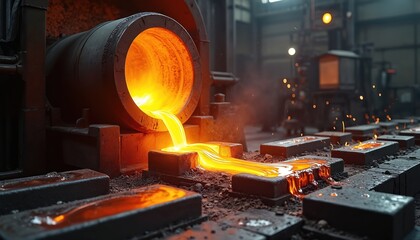 Molten metal pours from large furnace into casting molds. Hot liquid alloy flows, filling ingots. High temperature creates bright light, sparks in industrial factory production area, showing