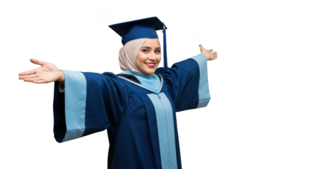 Joyful woman in graduation cap and gown celebrates academic achievement open arms