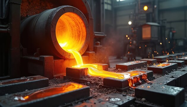 Molten metal pours from large furnace into casting molds. Hot liquid alloy flows, filling ingots. High temperature creates bright light, sparks in industrial factory production area, showing