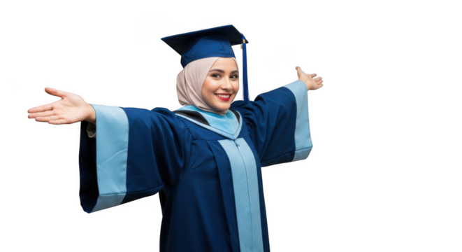 Joyful woman in graduation cap and gown celebrates academic achievement open arms