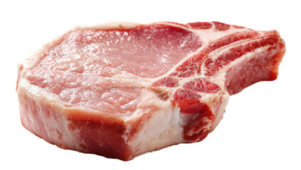 A fresh, raw pork chop, featuring the bone and marbling against a transparent background